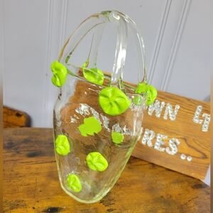 Rare Vintage Unique Glass Vase purse Accents handblown-clear/green